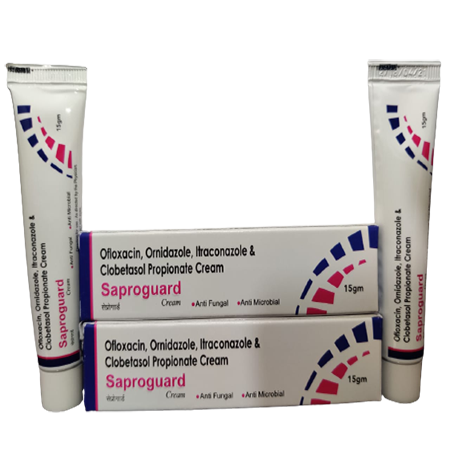 Product Name: Saproguard, Compositions of Saproguard are Ofloxacin, Ornidazole, Itraconazole & Clobetasol Propionate Cream - Kevlar Healthcare Pvt Ltd