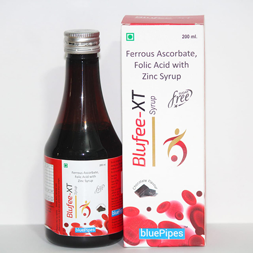 Product Name: BLUFEE XT SYRUP, Compositions of BLUFEE XT SYRUP are Ferrous Ascorbate Folic Acid with Zinc Syrup - Bluepipes Healthcare