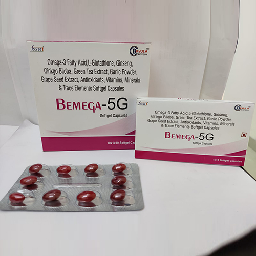 Product Name: Bemega 5G, Compositions of Bemega 5G are Omega 3 Fatty Acid,L-Glutathione,Ginseg,Gingco Biloba,Green Tea Extract,Garlic Powder,Grape Seed Extract,Antioxidants,Vitamins,Minerals and Trace Elements  Soft Gelatin Capsules - Bkyula Biotech