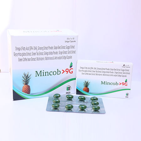 Product Name: Mincob 9G, Compositions of Mincob 9G are OMEGA-3 FATTY ACID(EPA-DHA),GINSENG EXTRACT POWDER,GRAPE SEED EXTRACT,GUGGUL EXTRACT,GLYCYRRHIZA GLABRA EXTRACT,GREEN TEA EXTRACT,GINKGO BILOBA POWDER,GINGER EXTRACT,GARLIC EXTRACT,GREEN COFFEE BEAN EXTRACT,MULTIVITAMIN,MULTI - Eviza Biotech Pvt. Ltd