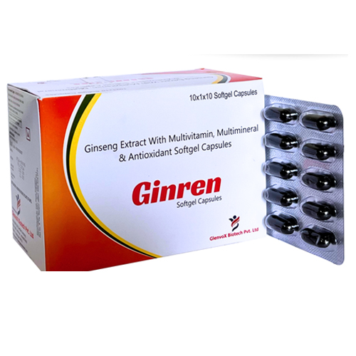 Product Name: Ginren, Compositions of Ginren are Ginseng Extract with Multivitamin, Multimineral & Antioxidant Softgel Capsules - Glenvox Biotech Private Limited