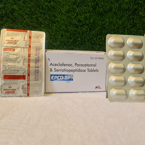 Product Name: Epco SP, Compositions of Epco SP are Aceclefenac,Parecetamol & Serratiopeptidase Tablets - Medizec Laboratories