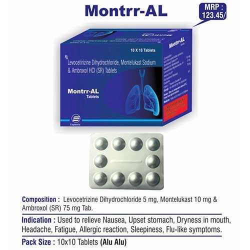 Product Name: Montrr Al, Compositions of Montrr Al are Levocetrizine Dihydrochloride, Montelukast Sodium & Ambroxol HCL (SR) Tablets - Euphoria India Pharmaceuticals