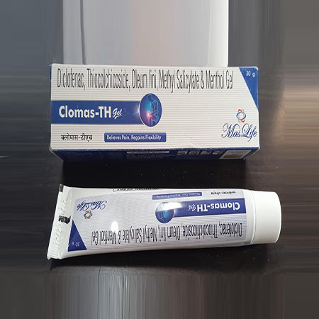 Product Name: Clomas Th, Compositions of Clomas Th are Diclofenac, Thiocolchicoside Olium lini,Methyl Salicylate & Menthol Gel - Xenon Pharma Pvt. Ltd