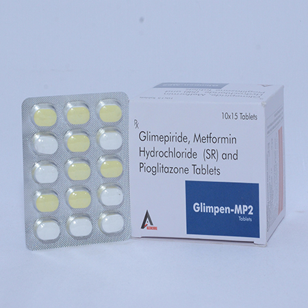Product Name: GLIMPEN MP2, Compositions of GLIMPEN MP2 are Glimepiride, Metformin HCL (SR) and Pioglitazone Tablets - Alencure Biotech Pvt Ltd