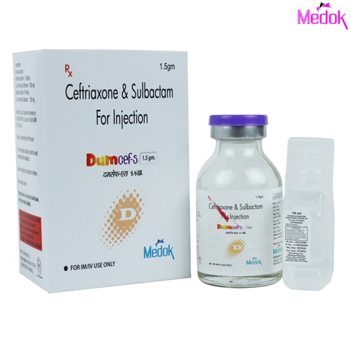 Product Name: Dumcef S, Compositions of Dumcef S are Ceftriaxone 1000mg + Sulbactam 500mg - Medok Life Sciences Pvt. Ltd