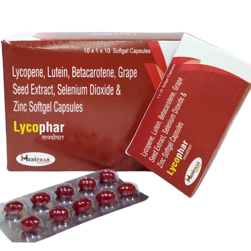 Product Name: Lycophar, Compositions of Lycophar are Lycopene,Lutein,Betacarotene,Grape Seed Extract, Selenium Dioxide and Zinc Softgel Capsules - Mediphar Lifesciences Private Limited