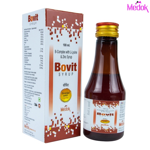 Product Name: Bovit, Compositions of Bovit are B complex with l lysine & zinc syrup - Medok Life Sciences Pvt. Ltd
