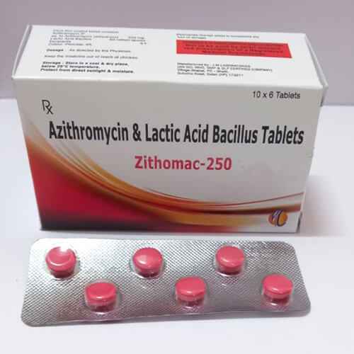 Product Name: Zithomac 250, Compositions of Zithomac 250 are Azithromycin & Lactic Basillus Tablets - Macro Labs Pvt Ltd