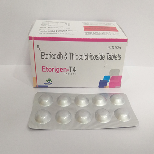 Product Name: Etorigen T4, Compositions of Etorigen T4 are Etoricoxib & Thiocolchicoside Tablets  - Healthtree Pharma (India) Private Limited