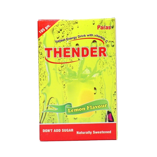 Product Name: Thender, Compositions of Thender are EACH 35 GM CONTAINS DEXTROSE -17.5 GM , ZINC SULPHATE - 32.5 MG VTAMIN C - 50 MG & SUCOSE – 14 GM (LEMON, MANGO & ORANGE FLAVOUR) - Paras Laboratories Ltd