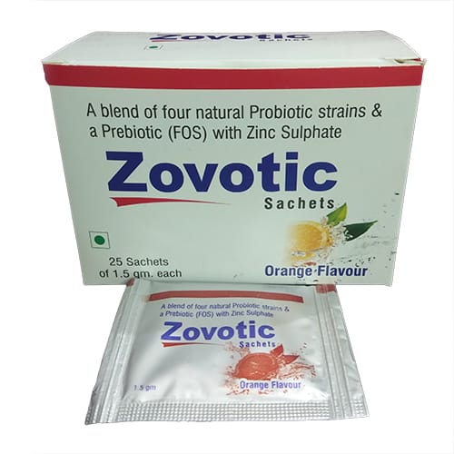 Product Name: Zovitic, Compositions of Zovitic are A Blend of Four Natural Probiotic Strains & Prebiotic (FOS) with Zinc Sulphate Sachets - JV Healthcare