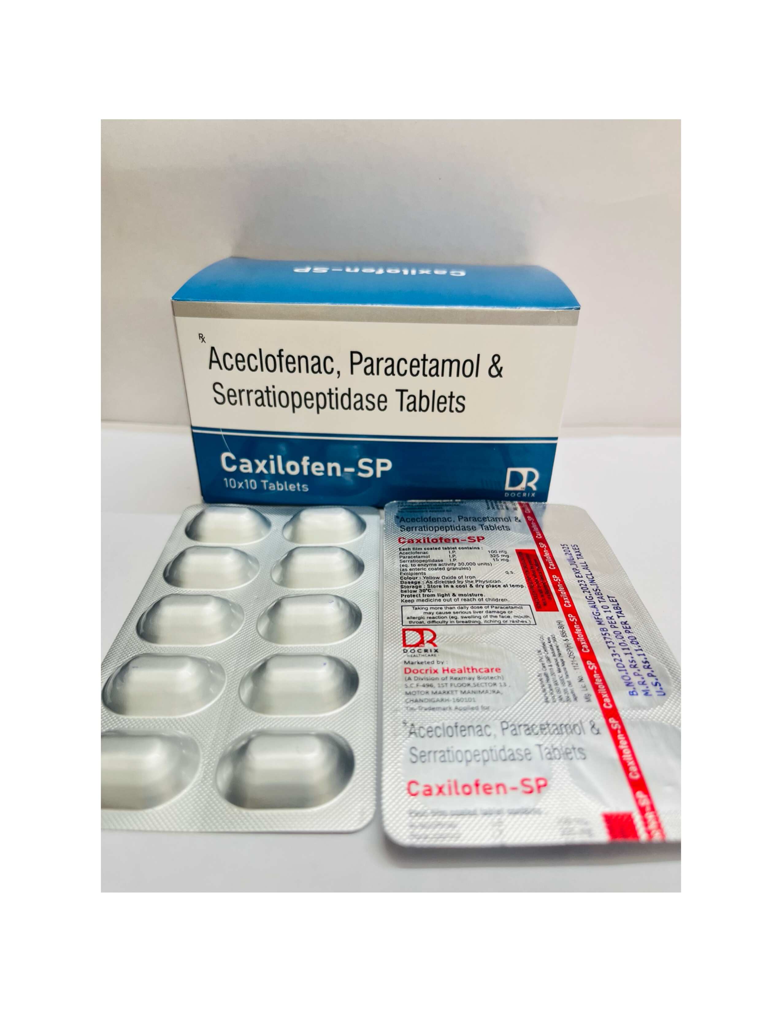 Product Name: Caxilofen SP, Compositions of Caxilofen SP are Aceclofenac , Paracetamol  & Serratiopeptidase  Tablets - Docrix Healthcare