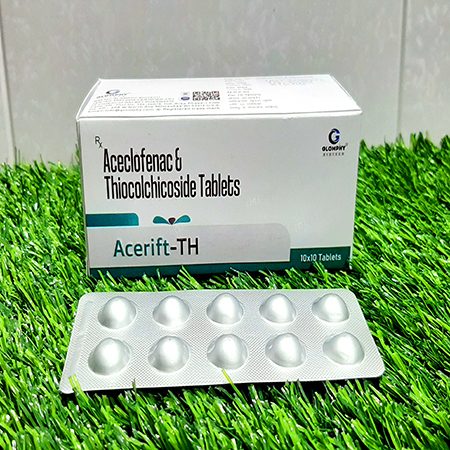 Product Name: Acerift th, Compositions of Acerift th are Aceclofenac & Thiocolchicoside Tablets - Glomphy Biotech