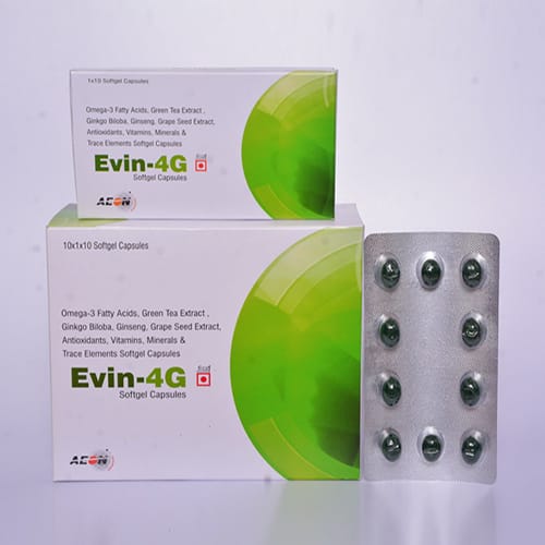 Product Name: EVIN 4G, Compositions of OMEGA-3 FATTY ACIDS, GREEN TEA EXTRACT, GINKGO BILOBA, GINSENG, GRAPE SEED EXTRACT, ANTIOXIDANTS, VITAMINS, MINERALS, TRACE ELEMENTS SOFTGEL are OMEGA-3 FATTY ACIDS, GREEN TEA EXTRACT, GINKGO BILOBA, GINSENG, GRAPE SEED EXTRACT, ANTIOXIDANTS, VITAMINS, MINERALS, TRACE ELEMENTS SOFTGEL - Aeon Remedies
