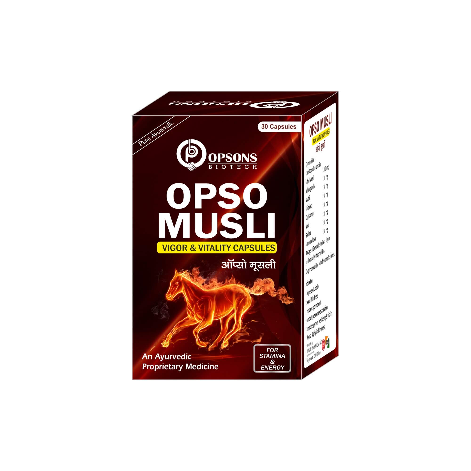 Product Name: Opso mulli capsules, Compositions of Opso mulli capsules are An Ayurvedic Prosperity Medicine - Opsons Biotech