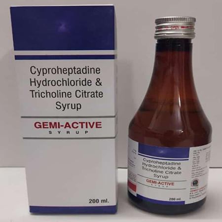 Product Name: Gemiactive, Compositions of Gemiactive are Cyproheptadine Hydrochloride & Tricholine Citrate Syrup - Gemed Lifesciences Pvt. Ltd