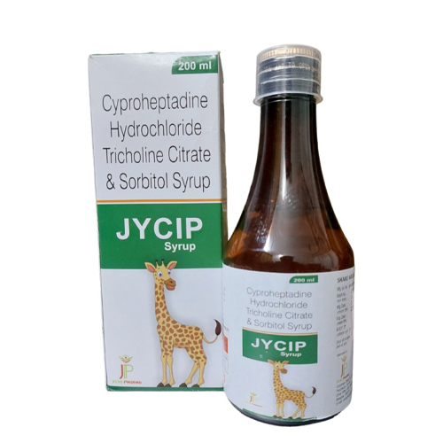 Product Name: Jycip, Compositions of Jycip are Cyproheptadine Hydrochloride  & Tricholine Citrate & Sorbitol Syrup - Jecks Pharma