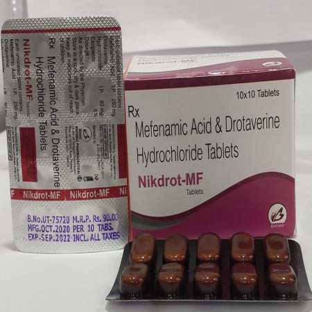 Product Name: Nikdrot MF, Compositions of Nikdrot MF are Mefenamic Acid & Dritaverine Hydrochloride Tablets  - Biotanic Pharmaceuticals