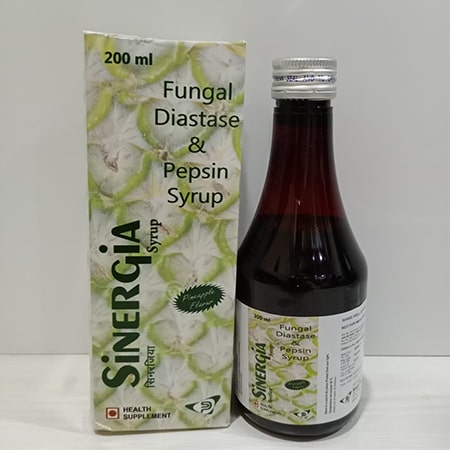 Product Name: Sinergia, Compositions of Sinergia are Fungal Diastate & Pepsin Syrup - Soinsvie Pharmacia Pvt. Ltd