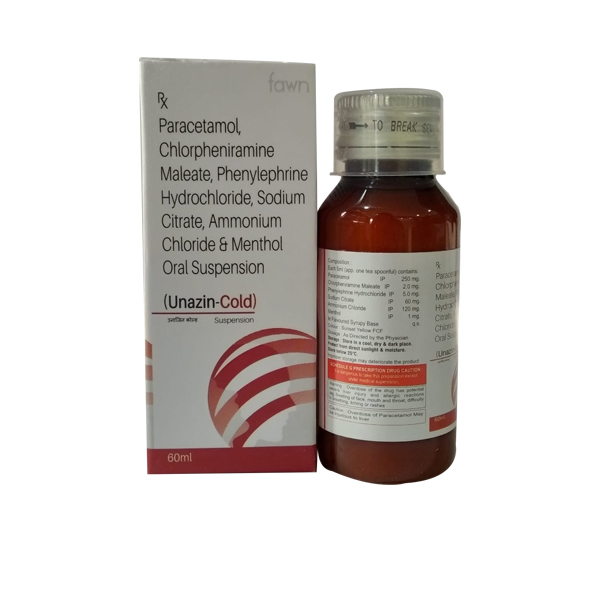 Product Name: UNAZIN COLD, Compositions of UNAZIN COLD are Paracetamol 250 mg + Phenylephrine Hydrochloride 5.0 mg & Chlorpheniramine Maleate 2 mg + Sodium Citrate 60mg + Ammonium Chloride 120mg+ Menthol 1mg  - Fawn Incorporation
