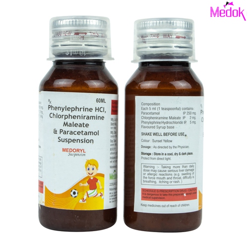 Product Name: Medoryl, Compositions of Medoryl are Phenylephrine HCI chlorpheniramine maleate & paracetamol suspension - Medok Life Sciences Pvt. Ltd