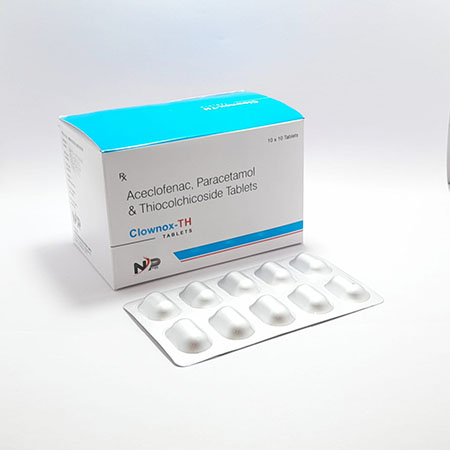 Product Name: Clownex TH, Compositions of Clownex TH are Aceclofenac,Paracetamol & Thiocolchicoside Tablets - Noxxon Pharmaceuticals Private Limited