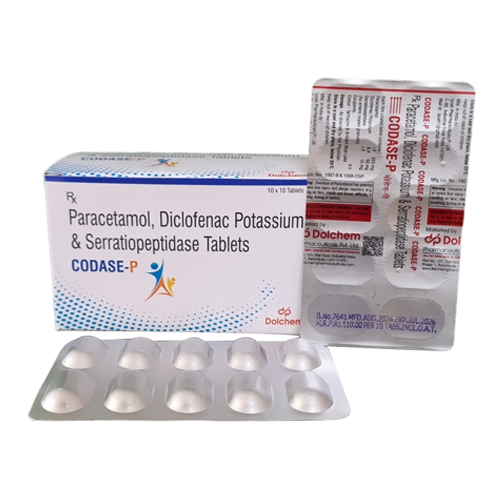 Product Name: CODASE P, Compositions of CODASE P are Paracetamol, Diclofenac Potassium & Serratiopeptidase Tablets - Dolchem Pharmaceuticals Private Limited
