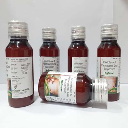 Product Name: NGFENAC, Compositions of NGFENAC are Aceclofenac & Paracetamol Oral Suspension - Acinom Healthcare