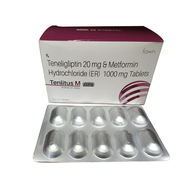 Product Name: TENLITUS M EXTRA, Compositions of Teneligliptin 20mg + Metformin 1000 SR are Teneligliptin 20mg + Metformin 1000 SR - Fawn Incorporation