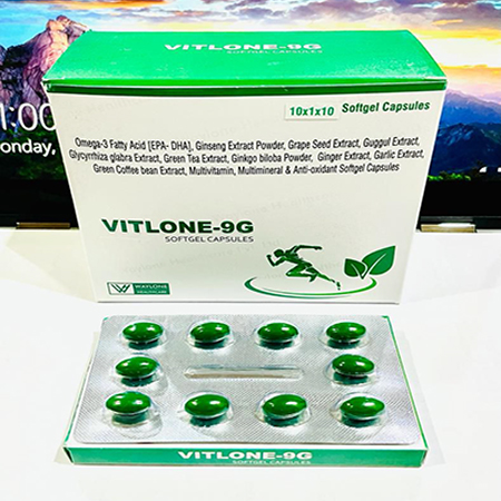 Product Name: Vitlone 9g, Compositions of Vitlone 9g are GENSENG 42.5MG + GREEN TEA EXTRACT 10MG +GRAPE SEED EXTRACT 15MG +,GINKGO BILOBA 10MG + GARLIC EXTRACT 20MG + GUGGUL 10MG + GINGER ROOT EXTRACT 14MG + GREEN COFFEE BEAN EXTRACT 10MG+GLYCYRRHIZA GLABRA EXTRACT 10MG+ LYCOPENE 2 - Waylone Healthcare