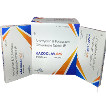 Product Name: Kazoclav 625, Compositions of Kazoclav 625 are Amoxycillin & Potassium Clavulannate Tablets IP - Kevlar Healthcare Pvt Ltd