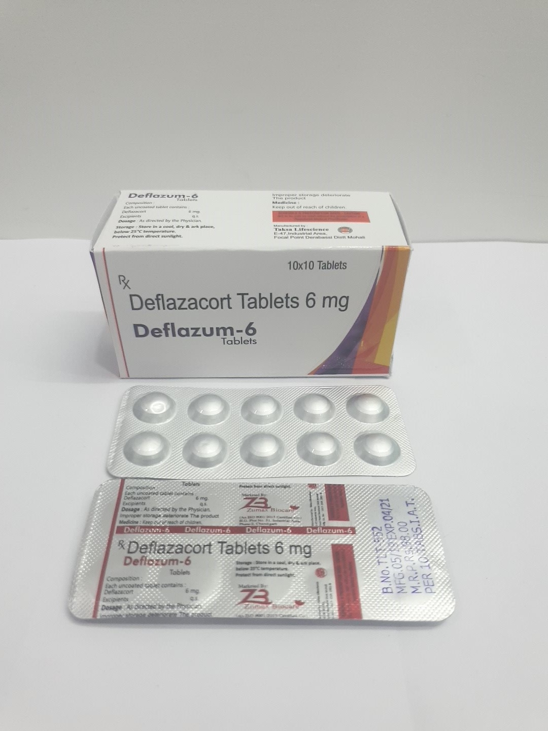 Product Name: Deflazum 6, Compositions of Deflazum 6 are Deflazacort Tablets 6mg - Zumax Biocare