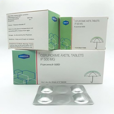 Product Name: Furomol 500, Compositions of Furomol 500 are Cefuroxime Axetil Tablets IP 500mg - Amzor Healthcare Pvt. Ltd
