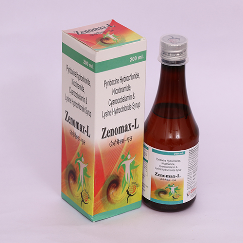 Product Name: ZENOMAX L, Compositions of ZENOMAX L are Pyridoxine Hydrochloride, Nicotinamide Cyanocobalamin & Lysine Hydrochloride Syrup - Biomax Biotechnics Pvt. Ltd