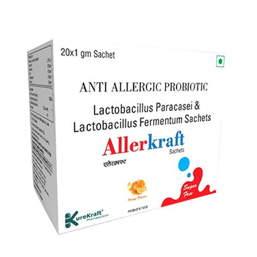 Product Name: Allerkraft, Compositions of Allerkraft are ANTI ALLERGIC PROBIOTIC Lactobacillus Paracasei & Lactobacillus Fermentum Sachets - KureKraft Pharmaceuticals