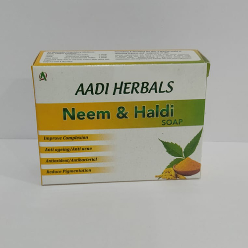 Product Name: Neem and Haldi Soap, Compositions of Neem and Haldi Soap are Improve Complexion,Anti Ageing/Anti Acne,Antioxidant / Antebacterial,Reduce pigmentation - Aadi Herbals Pvt. Ltd