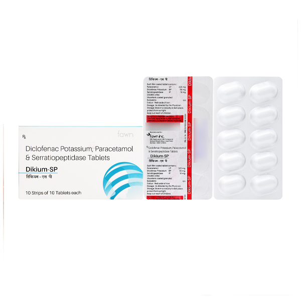 Product Name: DIKIUM SP, Compositions of DIKIUM SP are Diclofenac 50mg + Paracetamol 325mg + Serrtiopeptidase 10 mg. - Fawn Incorporation