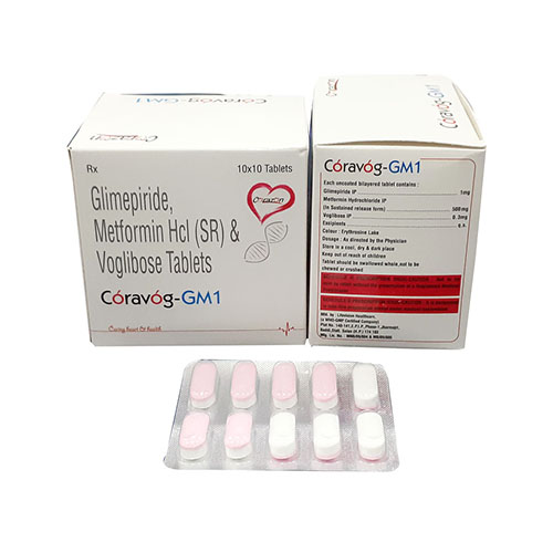 Product Name: Coravog Gm 1, Compositions of Coravog Gm 1 are Glimepiride & Metformin Hcl (SR) & Voglibose Tablets - Arlak Biotech