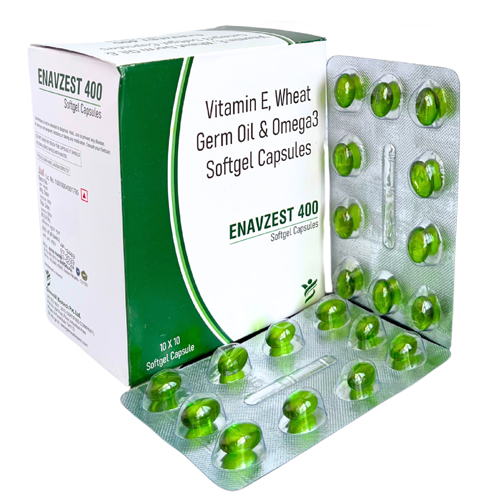 Product Name: ENAVZEST 400, Compositions of ENAVZEST 400 are Vitamin E, Wheat Germ Oil & Omega3 Softgel Capsules - Glenvox Biotech Private Limited