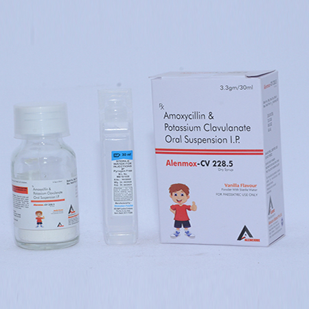 Product Name: ALENMOX CV 228, Compositions of ALENMOX CV 228 are Amoxycillin & Potassium Clavulanate Oral Suspension IP - Alencure Biotech Pvt Ltd