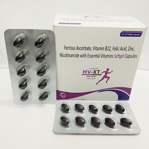 Product Name: HV XT Softgel Capsules, Compositions of HV XT Softgel Capsules are  Ferrous ascorbate vitamin B12  Folic acid  Zinc Nicotinamide With - JV Healthcare