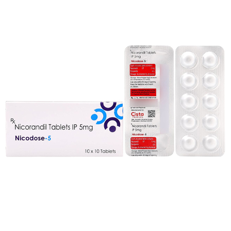 Product Name: NICODOSE 5, Compositions of NICODOSE 5 are Nicorandil Tablets IP 5mg - Cista Medicorp