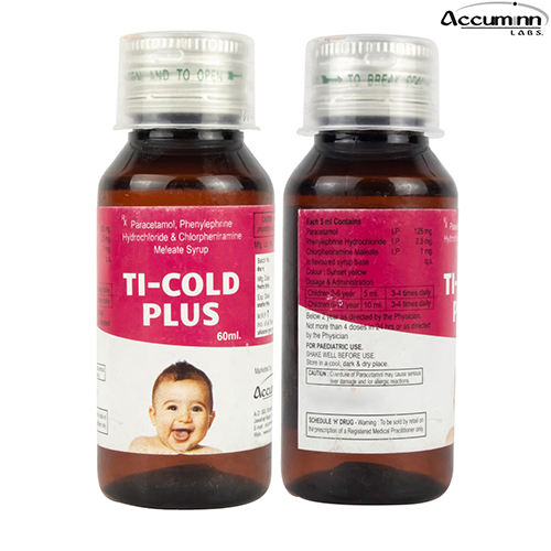 Product Name: Ti Cold Plus, Compositions of Ti Cold Plus are Paracetamol, Phenylphrine Hydrochloride & Chlorpheniramine Maleate Syrup - Accuminn Labs