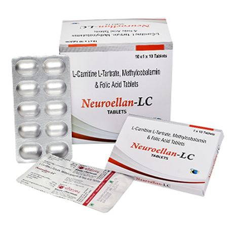 Product Name: Neuroellan LC, Compositions of Neuroellan LC are L-Carnitine, L-Tartrate, Methylcobalamin & Folic Acid Tablets - Ellanjey Lifesciences