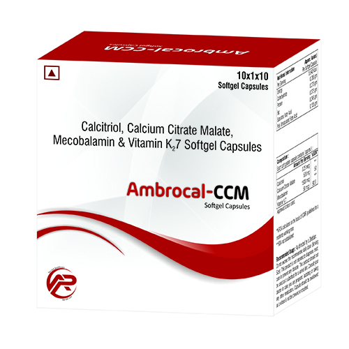 Product Name: Ambrocal CCM, Compositions of Ambrocal CCM are Calcitrol,Calcium Citrate,Mecobalamin,Vitamin K27  Softgel Capsules - Ambrosia Pharma