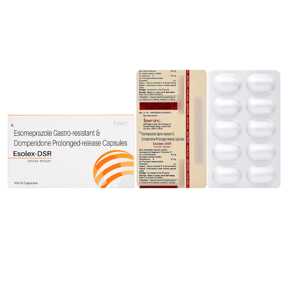 Product Name: ESOLEX DSR, Compositions of ESOLEX DSR are Esomeprazole 40mg + Domperidone (SR) 30 mg. - Fawn Incorporation
