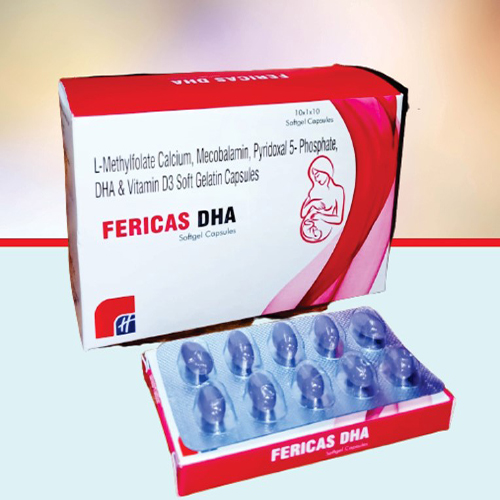 Product Name: Fericas DHA, Compositions of Fericas DHA are L-Methylfolate Calcium,Mecobalamin,Pyridoxal 5-Phosphate,DHA & Vitamin D3 Soft Gelatin Capsules - Healthkey Life Science Private Limited