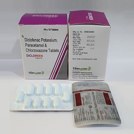 Product Name: Dicloreen, Compositions of Dicloreen are Diclofenac Potassium Paracetamol & Chlorzoxazone Tablets - Abigail Healthcare