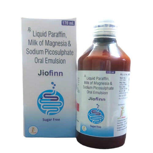 Product Name: Jiofinn, Compositions of Jiofinn are Liquid Paraffin, Milk of Magnesia & Sodium Picosulphate Oral Emulsion - Jecks Pharma